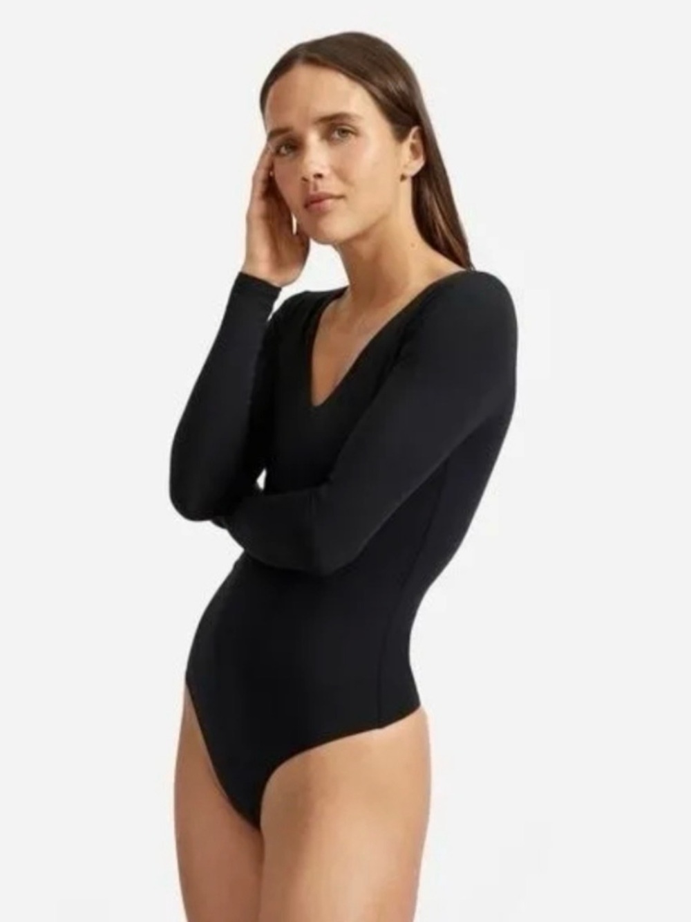 Everlane Long-Sleeve V-Neck Bodysuit in Black Small